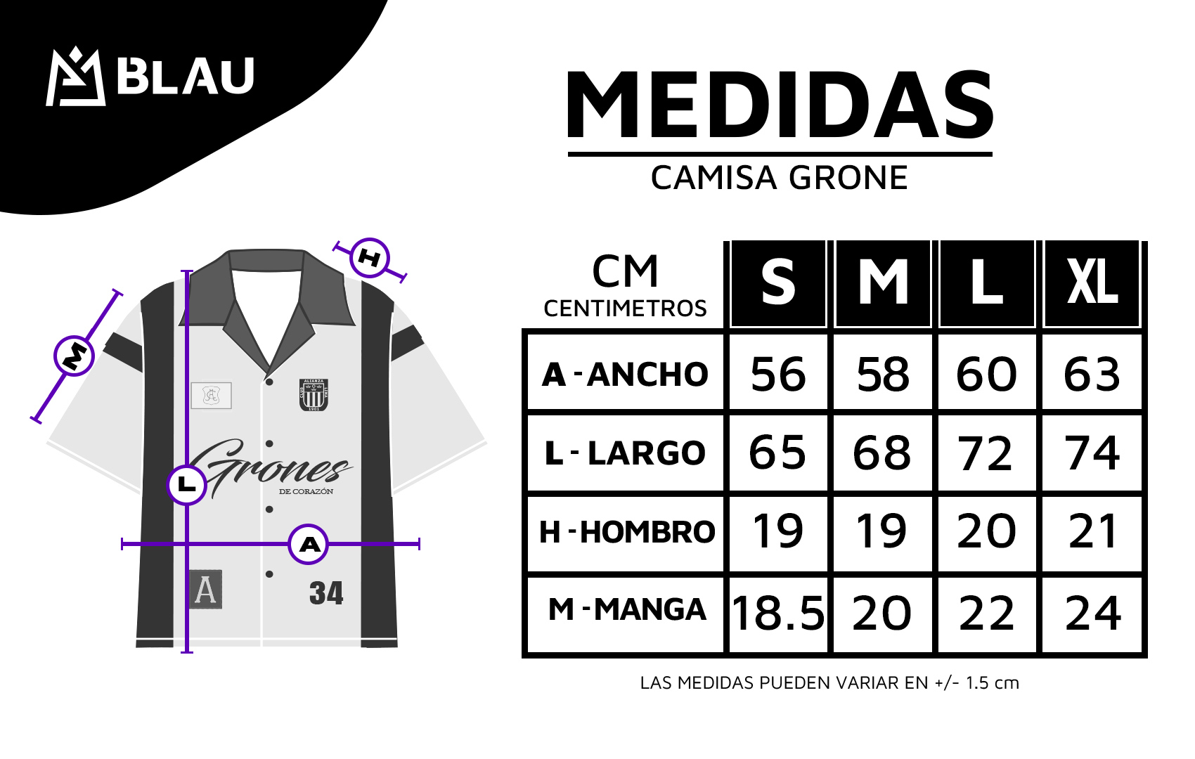 CAMISA HORIZONTAL MEDIDAS DE TALLAS GRONE BLANCO